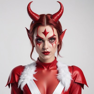 Woman in red devil costume with striking makeup