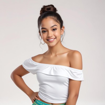Cheerful young girl smiling in a casual outfit indoors