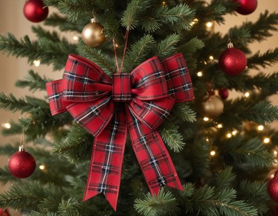 Bright red plaid bow adorns festive christmas tree