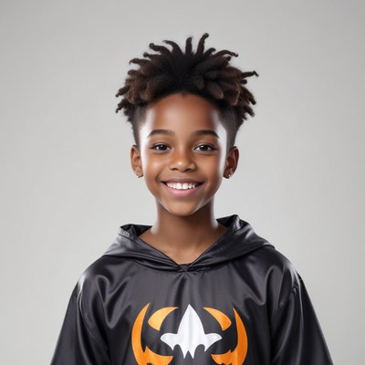 Young boy smiles brightly dressed in a stylish hoodie