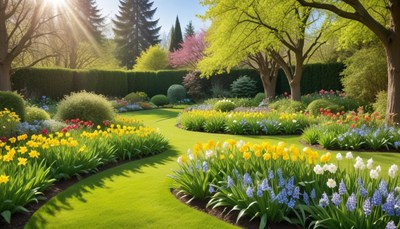 Spring garden with vibrant flowers and greenery