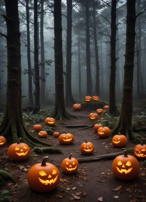 Spooky forest path lined with glowing jack-o'-lanterns