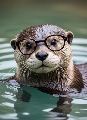 Otter wearing glasses swimming in clear water