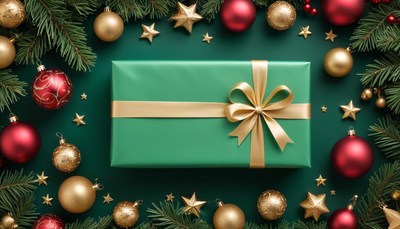 Festive gift surrounded by ornaments and decorations