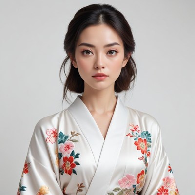 Elegant woman in floral attire on plain background