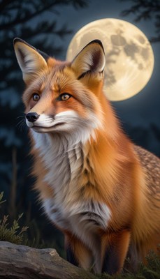 Fox standing under a large full moon at night