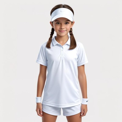 Young girl in white tennis outfit practicing sport