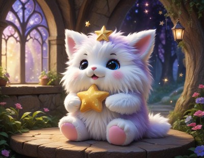 Fluffy cat with a star in a magical scene