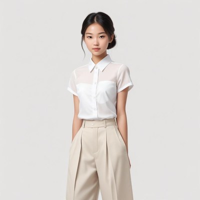 Stylish woman in white shirt and beige trousers