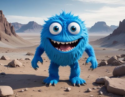 Blue monster character in a desert landscape during daylight