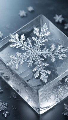Intricate snowflake frozen in clear ice cube