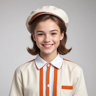 Young girl smiling in stylish uniform with hat