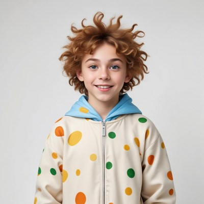 Child with curly hair wearing a colorful jacket indoors
