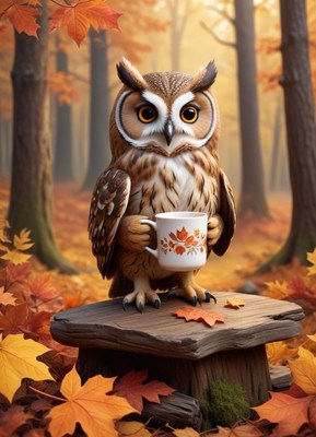 Owl holding a mug in a fall forest setting