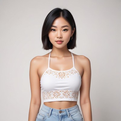 Young woman in stylish top and jeans poses for a portrait