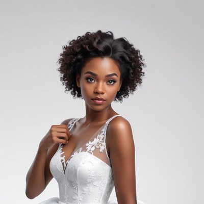 Wedding dress model poses elegantly in studio setting