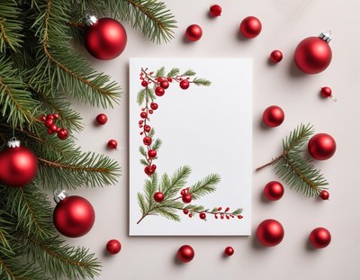 Red ornaments and greenery arranged for holiday card