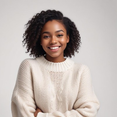 Smiling woman in cozy sweater on neutral backdrop