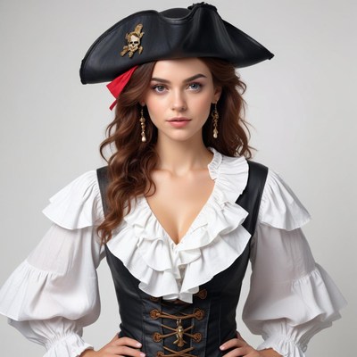 Woman in pirate costume with elaborate hat and jewelry