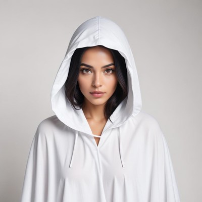 Woman in white hooded garment with a confident expression