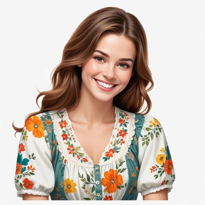 Smiling woman with floral dress in a bright setting