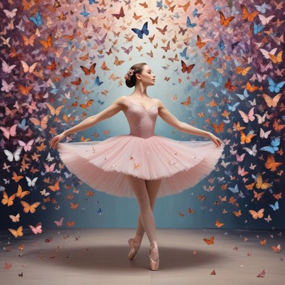 Ballerina dances with butterflies in a colorful scene