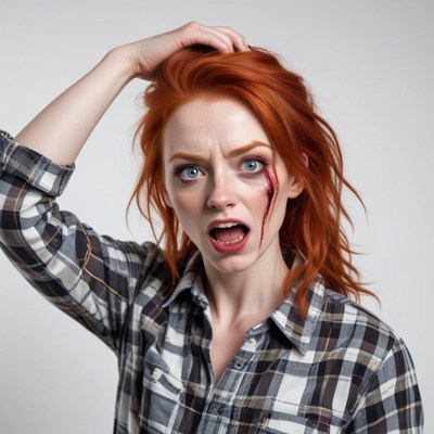 Startled woman with red hair showing surprise and distress