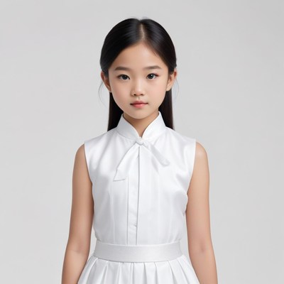 Young girl in a white dress with a serious expression