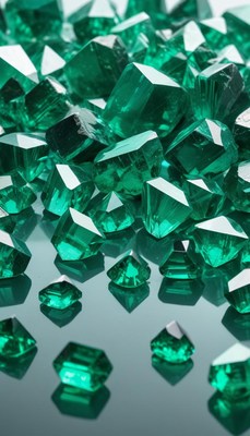 Shimmering green emerald crystals on reflective surface