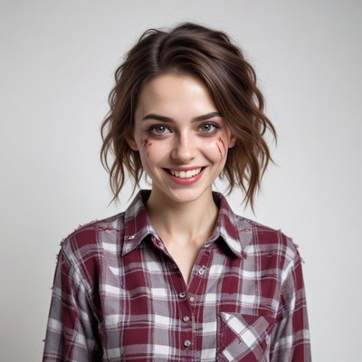 Smiling woman with scars poses in casual outfit