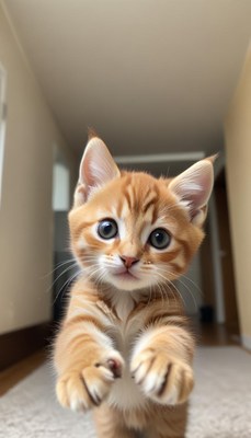 Cute orange tabby kitten exploring a hallway