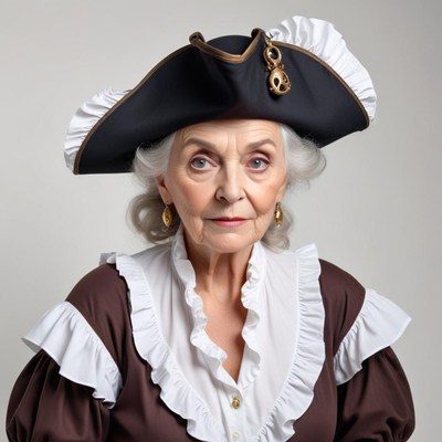 Elderly woman in costume with pirate hat and ruffled blouse