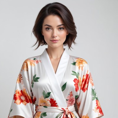 Model in floral robe poses for a studio portrait