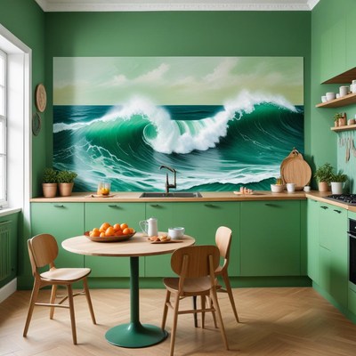 Kitchen with ocean wave mural and fresh oranges