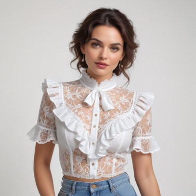 Elegant model in lace blouse poses for the camera