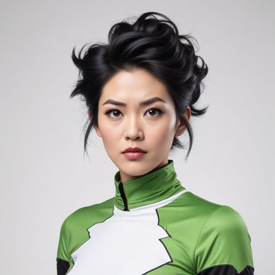Woman in green superhero outfit poses with strong expression