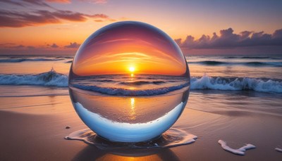 Beautiful sunset reflected in glass sphere on the beach