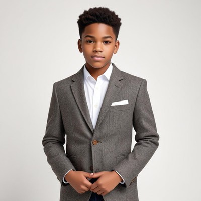 Young boy in a stylish suit poses confidently indoors