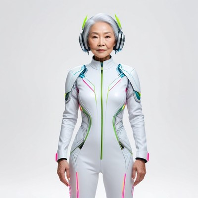 Futuristic character in sleek outfit with headphones
