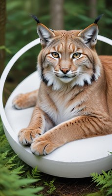 Lynx resting on a modern white chair in a lush garden