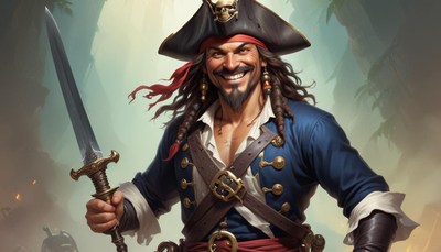 Pirate captain holding sword in jungle setting