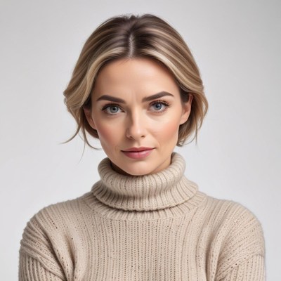 Woman in beige turtleneck poses with confidence indoors