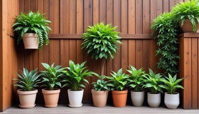 Plants on a wooden deck with a garden view