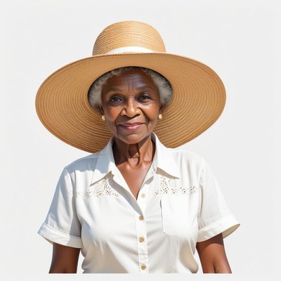 Elderly woman in garden with wide-brimmed hat