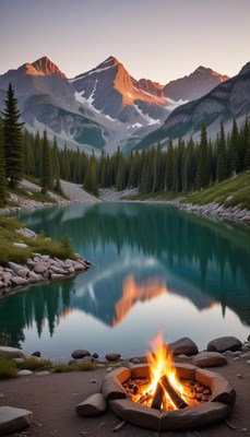 Majestic mountain sunrise over tranquil lake and campfire