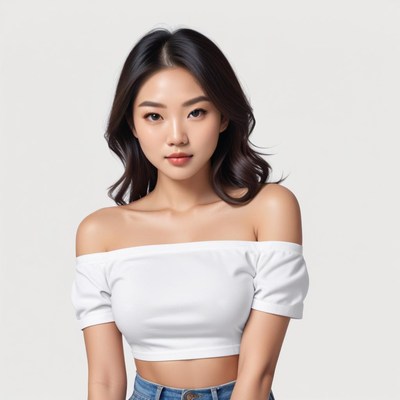 Young woman posing in stylish off-shoulder top