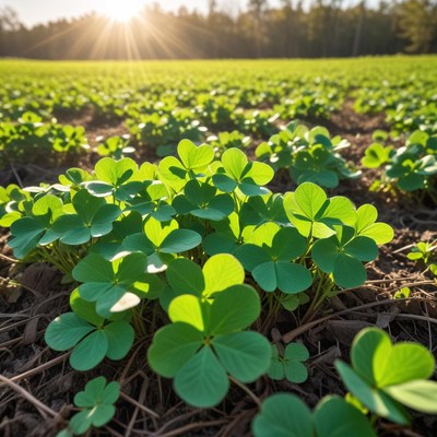 Green clover field under sunlight at golden hour