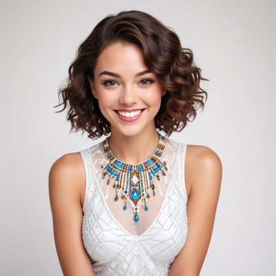 Smiling woman with beautiful necklace in simple setting