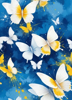 Colorful butterflies flying against a blue background