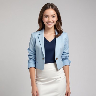 Confident young woman in smart casual outfit smiling
